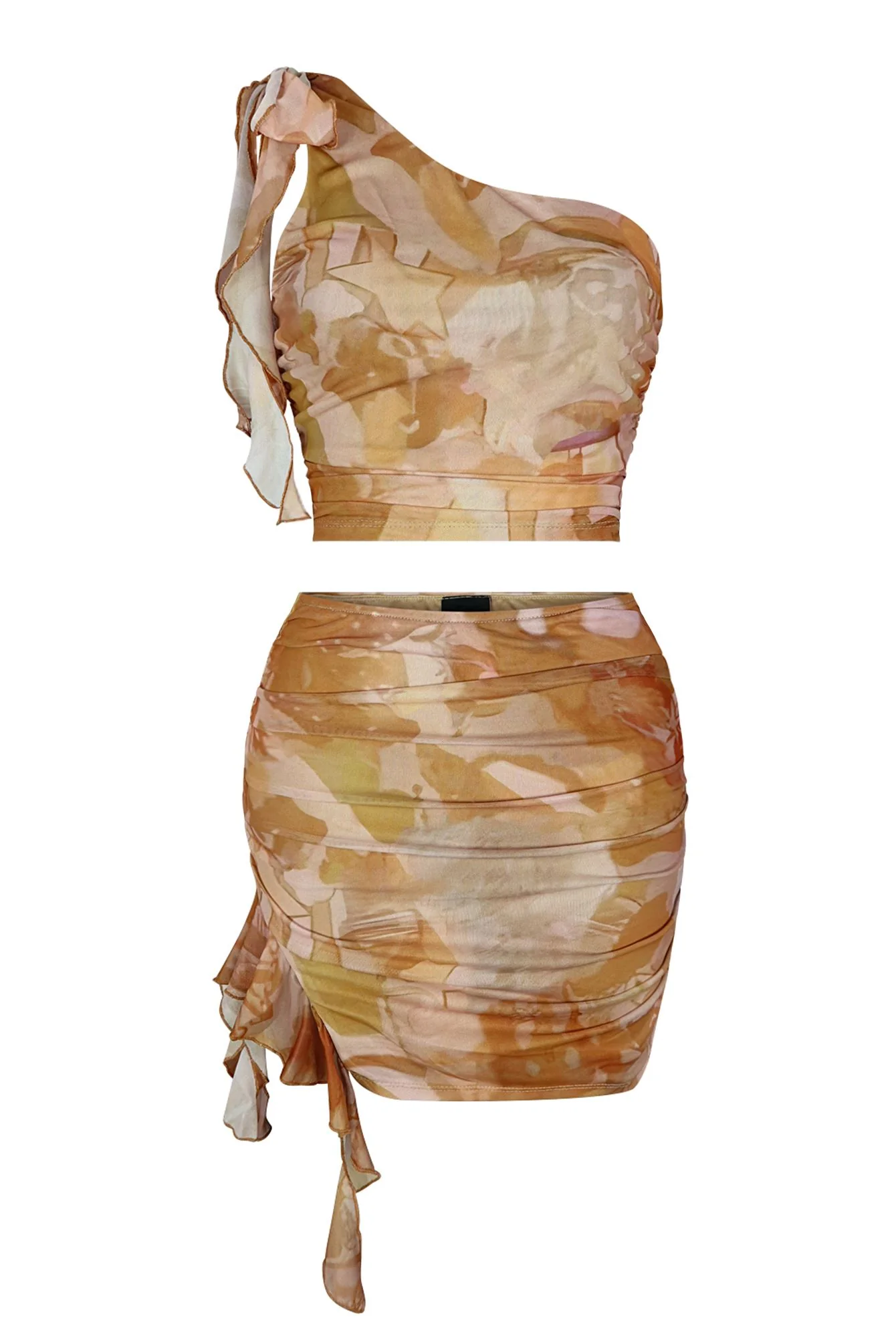 Alexa Print Mesh One Shoulder Top & Skirt SET - Image 4