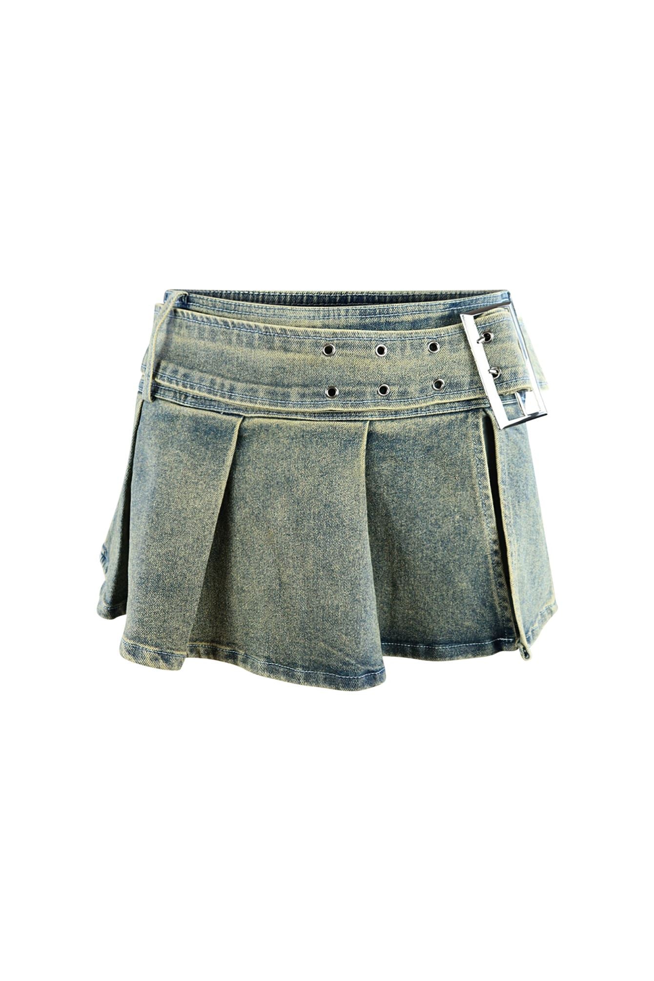 Big City Denim Pleated Mini Skirt With Belt - Image 3