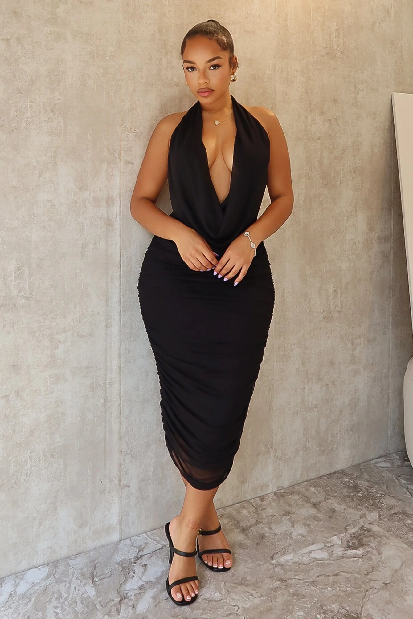 Blaise Halter Cowl Neck Mesh Ruched Maxi Dress - Image 2