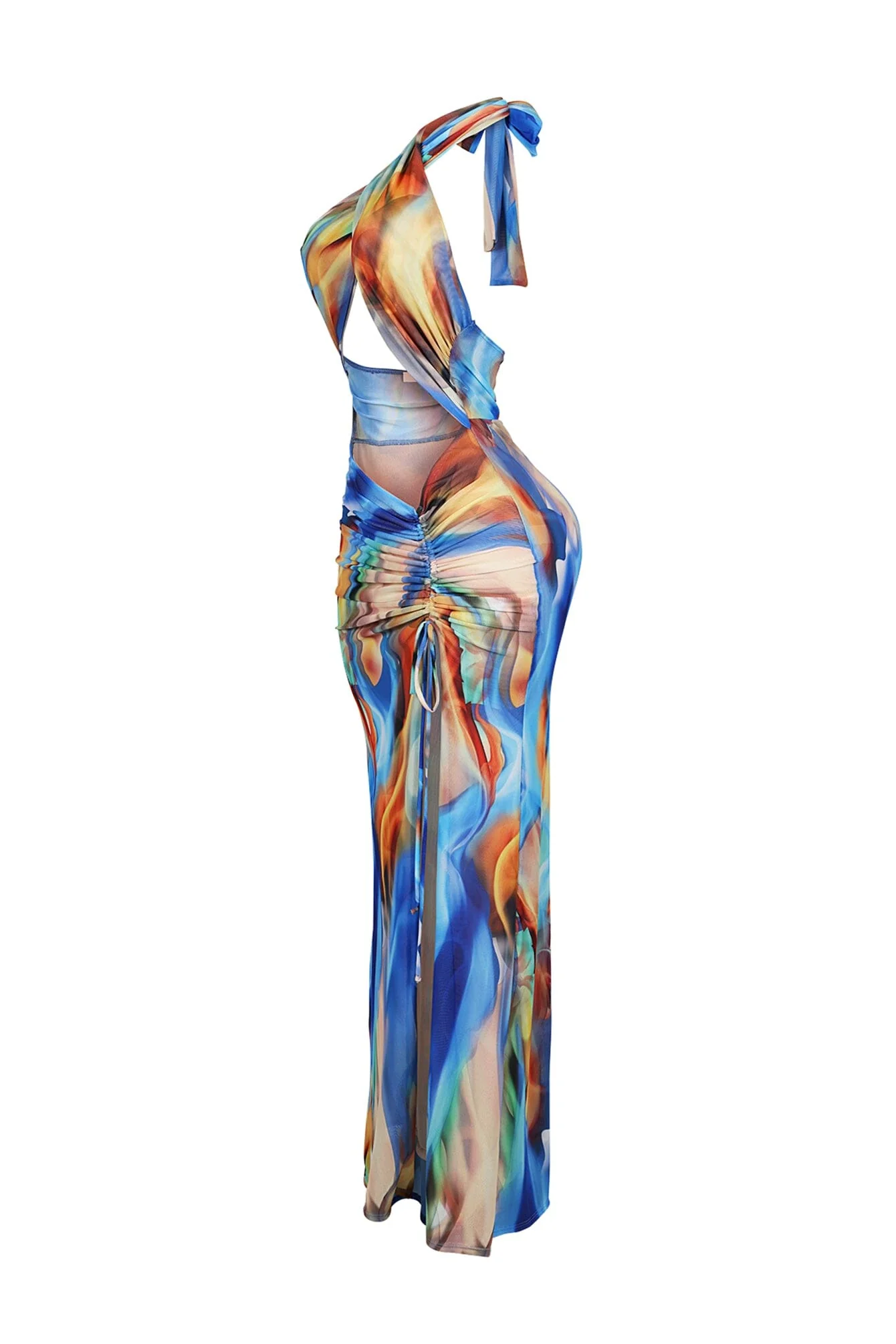 Blue Marble Printed Mesh Halter Dress - Image 5