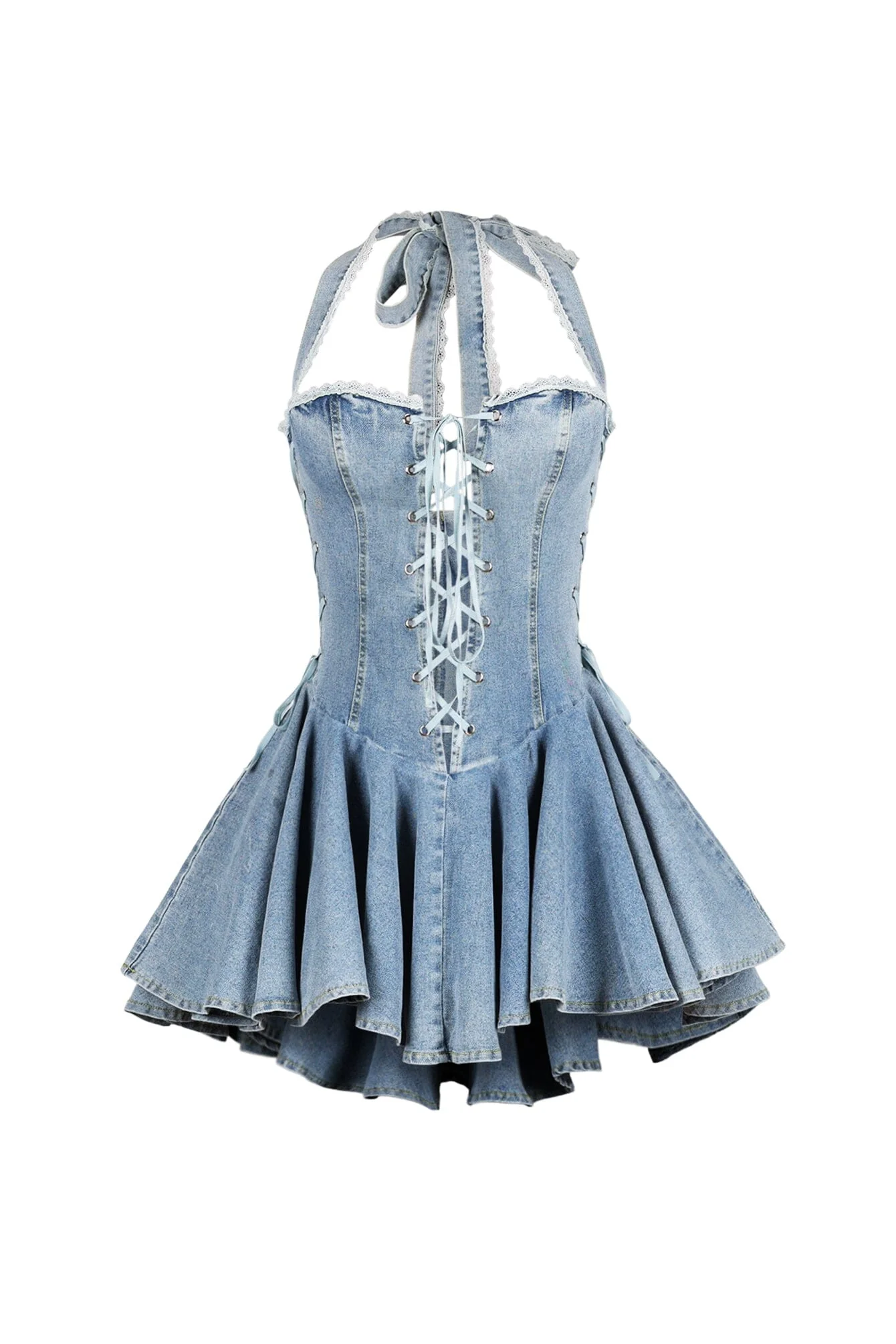 Bluebell Lace Up Denim Halter Mini Dress - Image 4