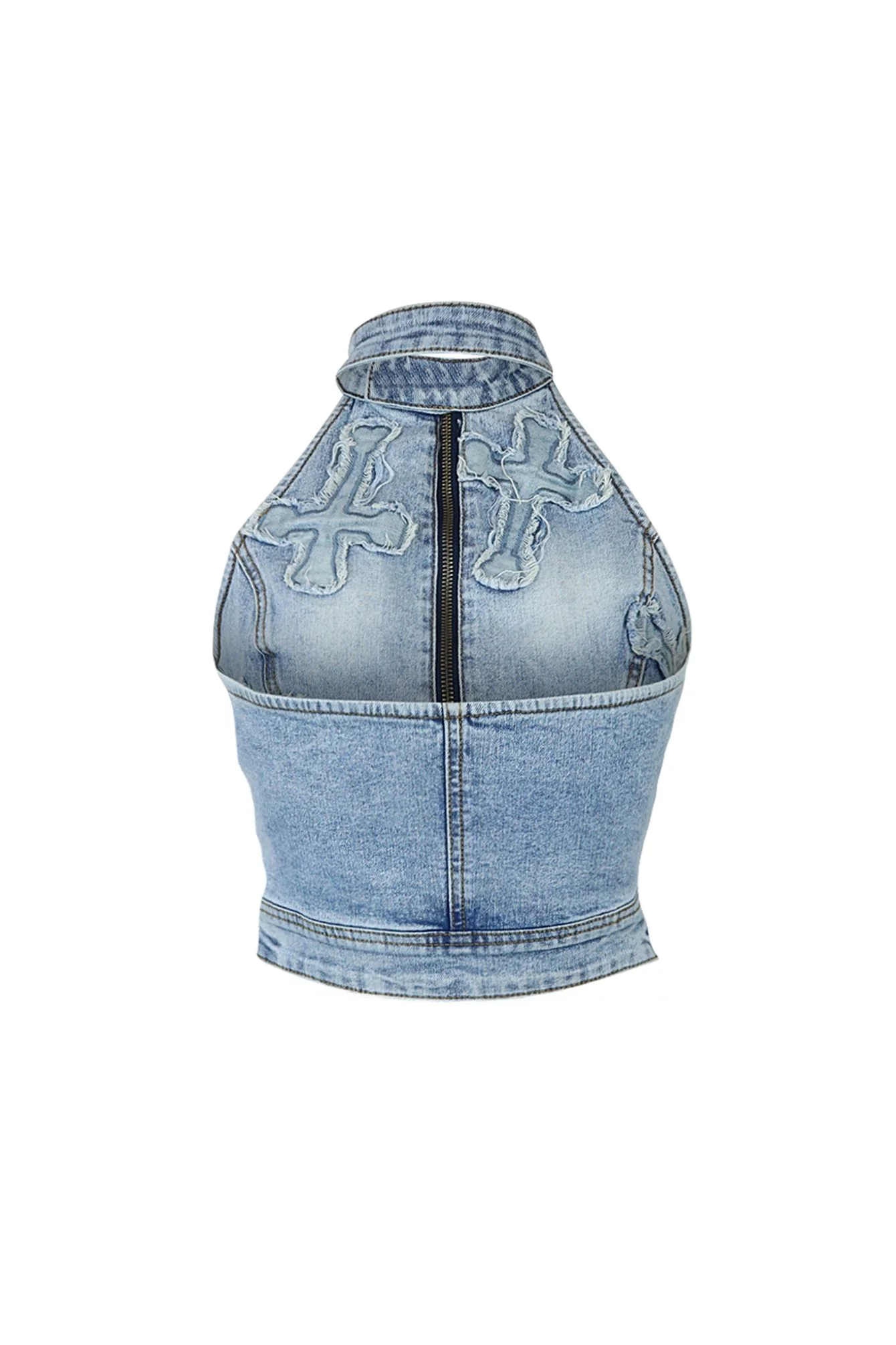 Cross Your Mind Patched Denim Halter Top - Image 4