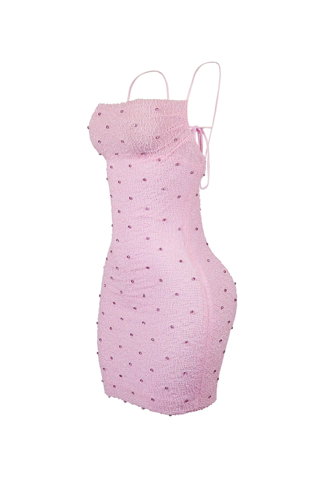 Delicate Blush Cowl Neck Rhinestone Mini Dress - Image 3