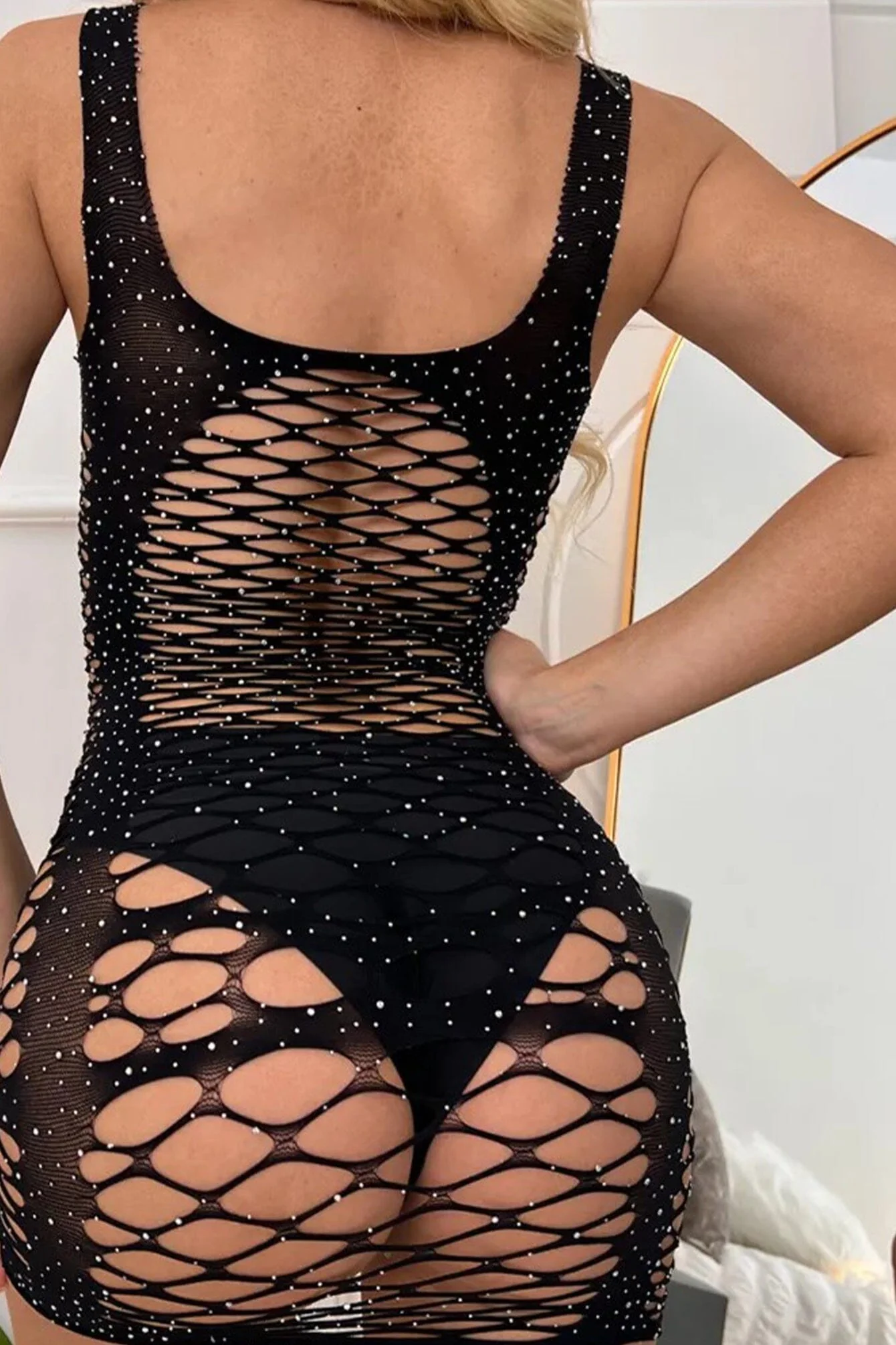 Elegant Rhinestone Fishnet Tank Lingerie Dress - Image 5