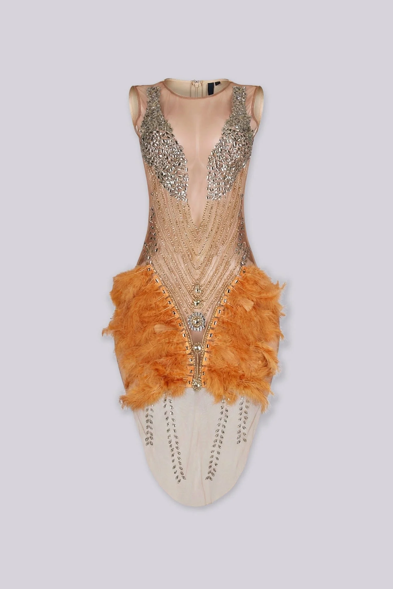 Flaire Mesh Mini Dress With Feather & Rhinestone - Image 4