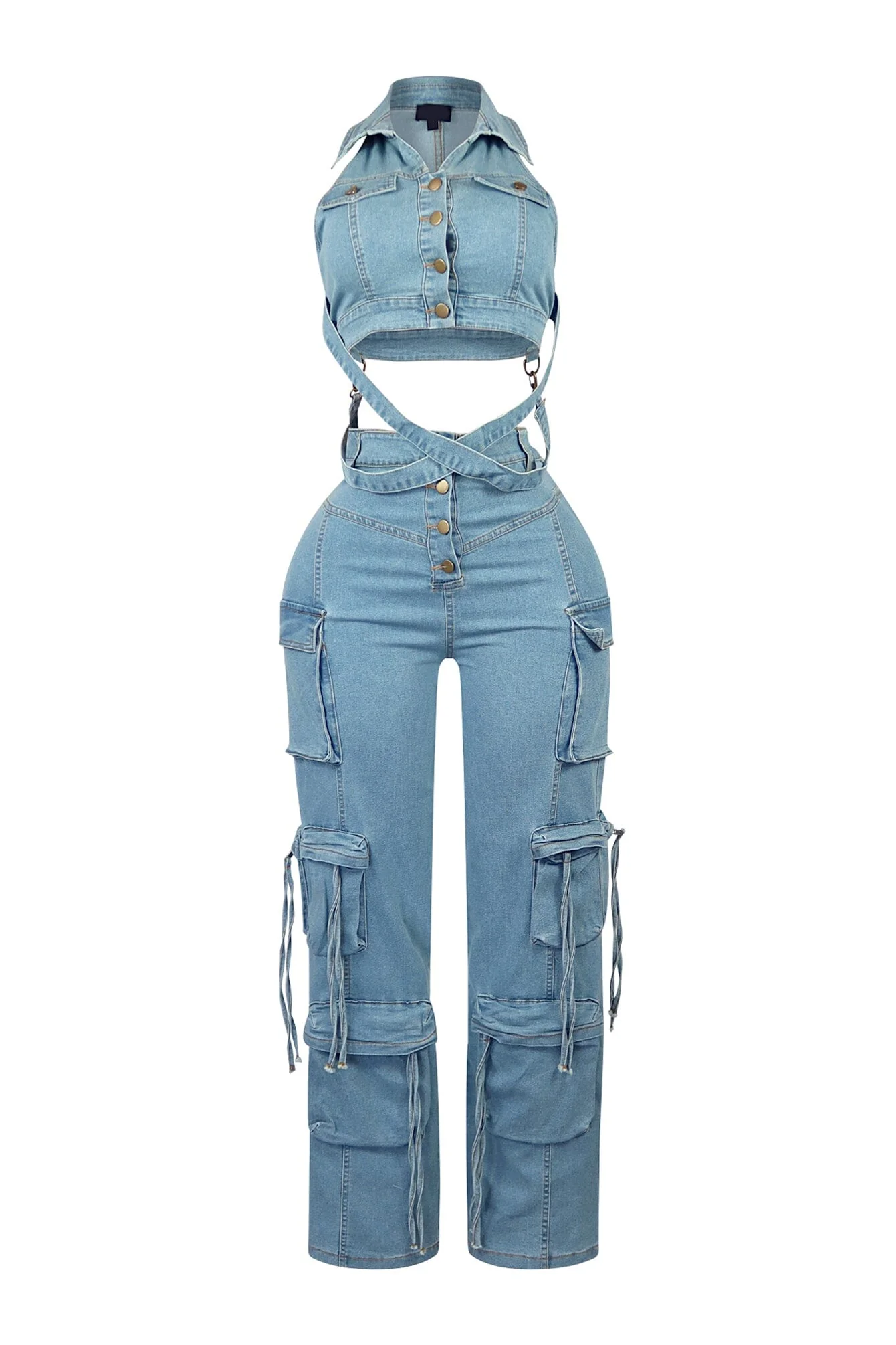 Get Goin Denim Cross Straps Vest & Pants SET - Image 3