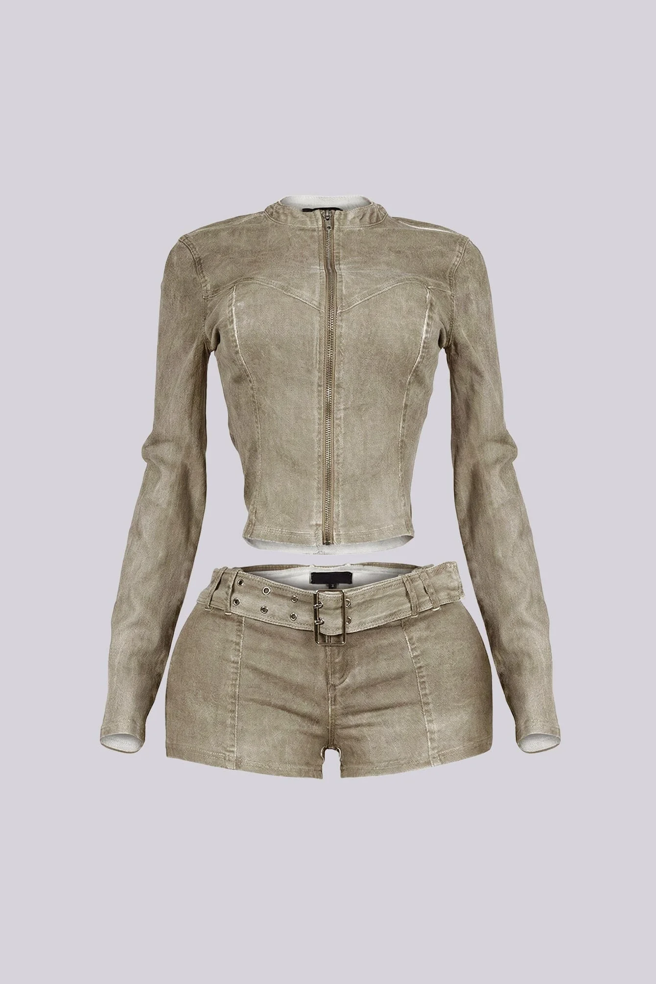 Koryn Washed Denim Zip Up Top & Shorts SET - Image 9