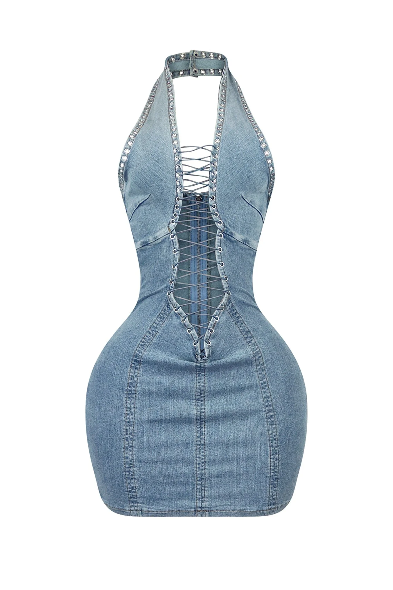 Monroe Cross Halter Denim Mini Dress - Image 3