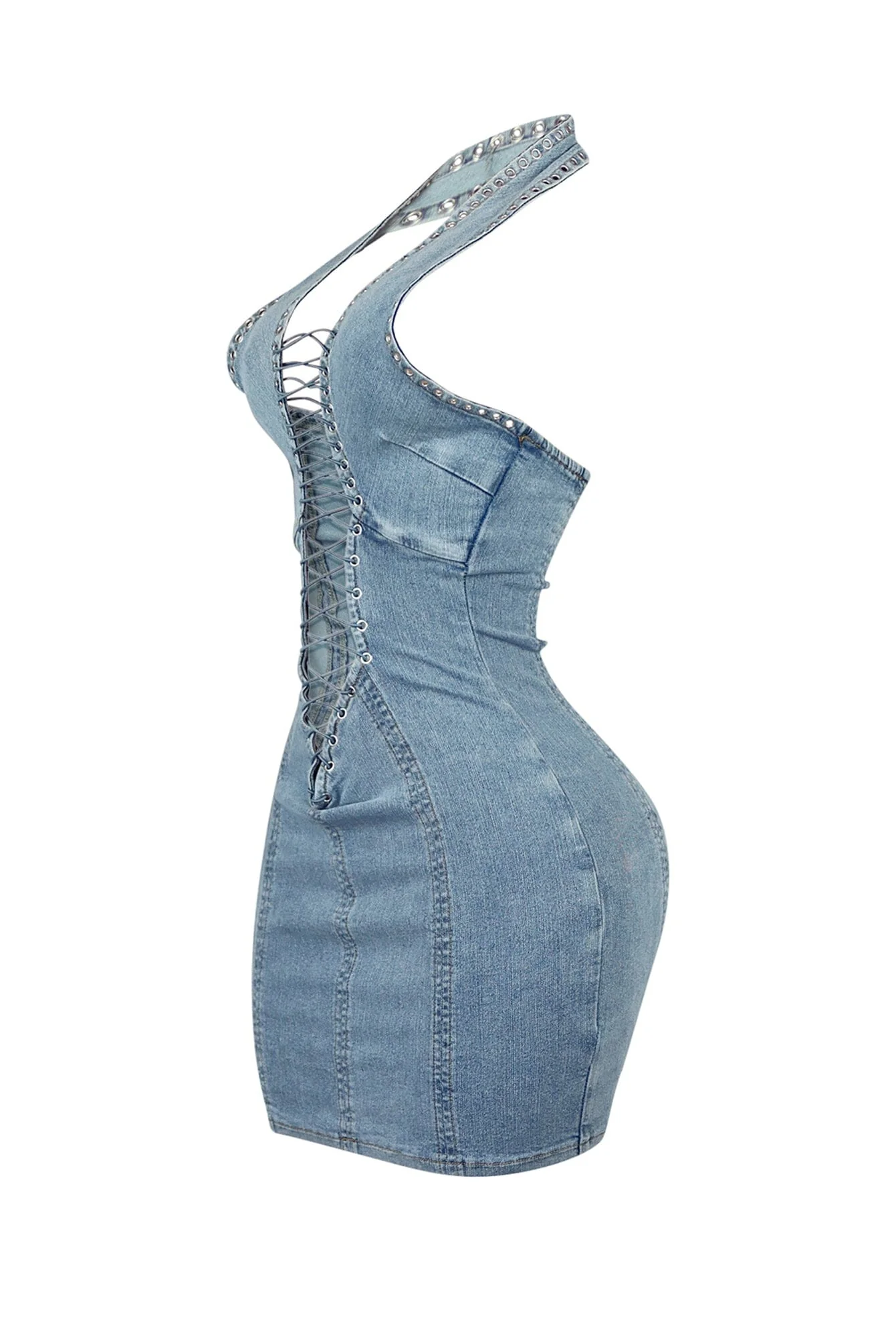 Monroe Cross Halter Denim Mini Dress - Image 4