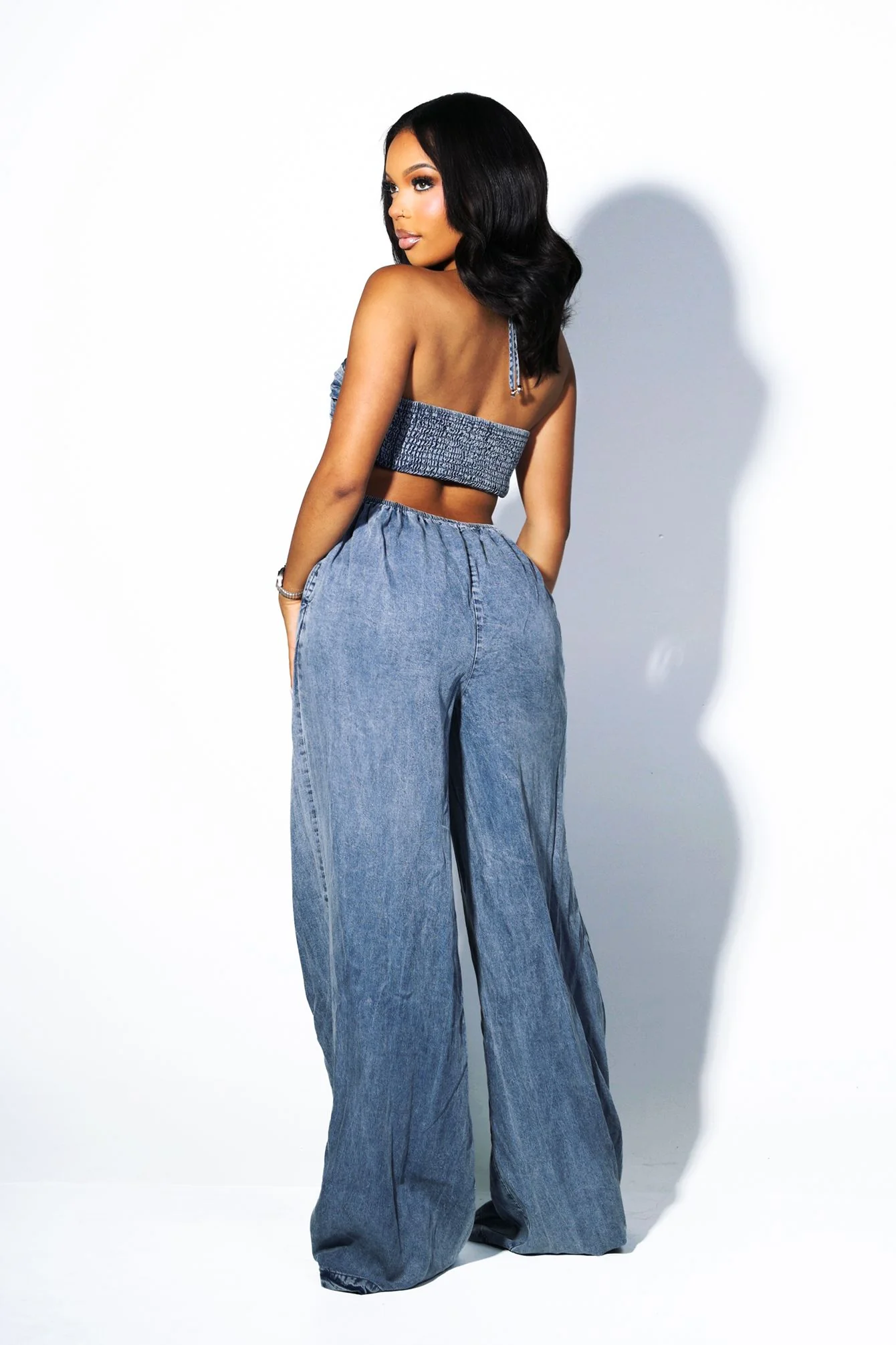 Ruched Chambray Halter Jumpsuit - Image 2