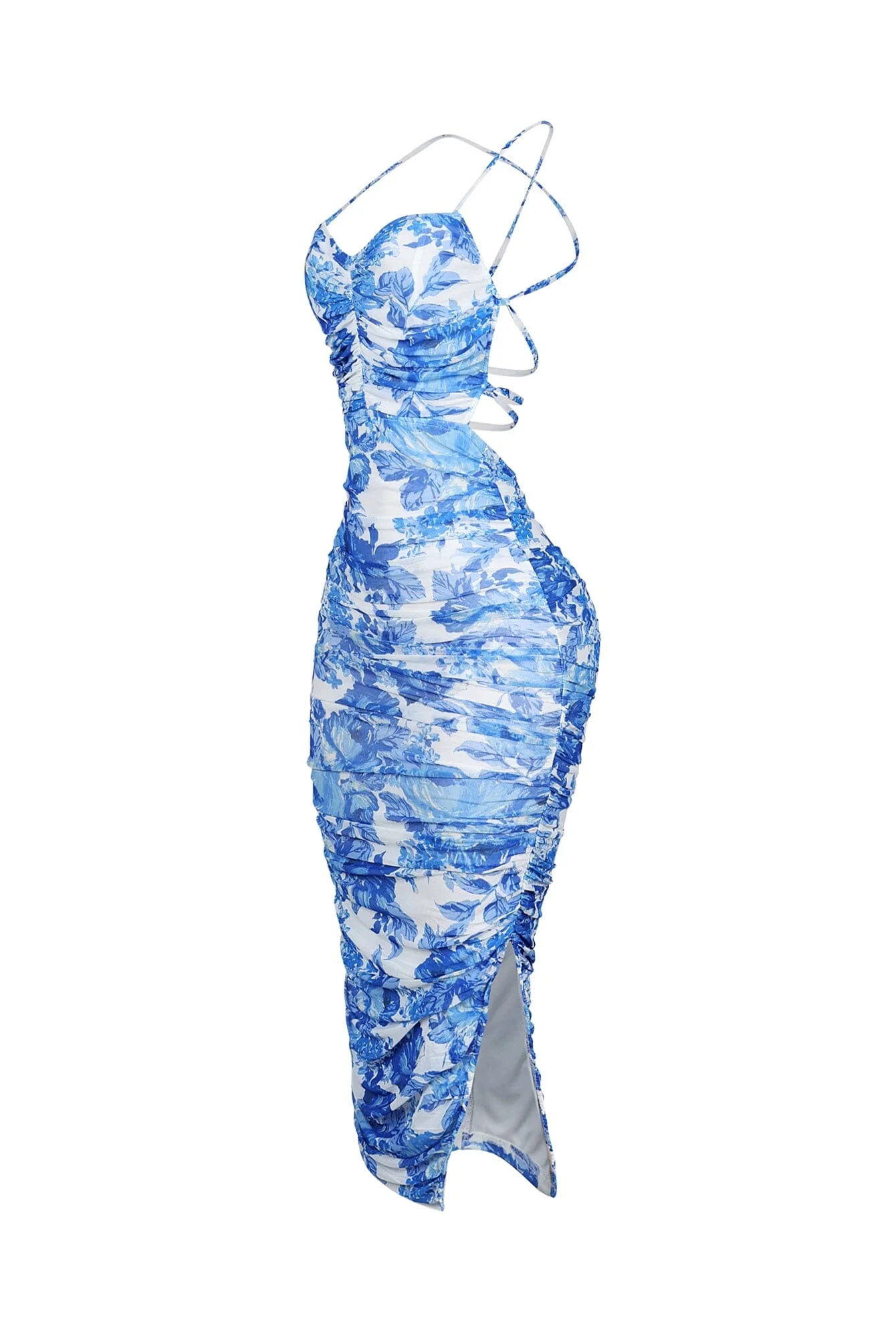 Ruched Floral Print Open Back Midi Dress - Image 4