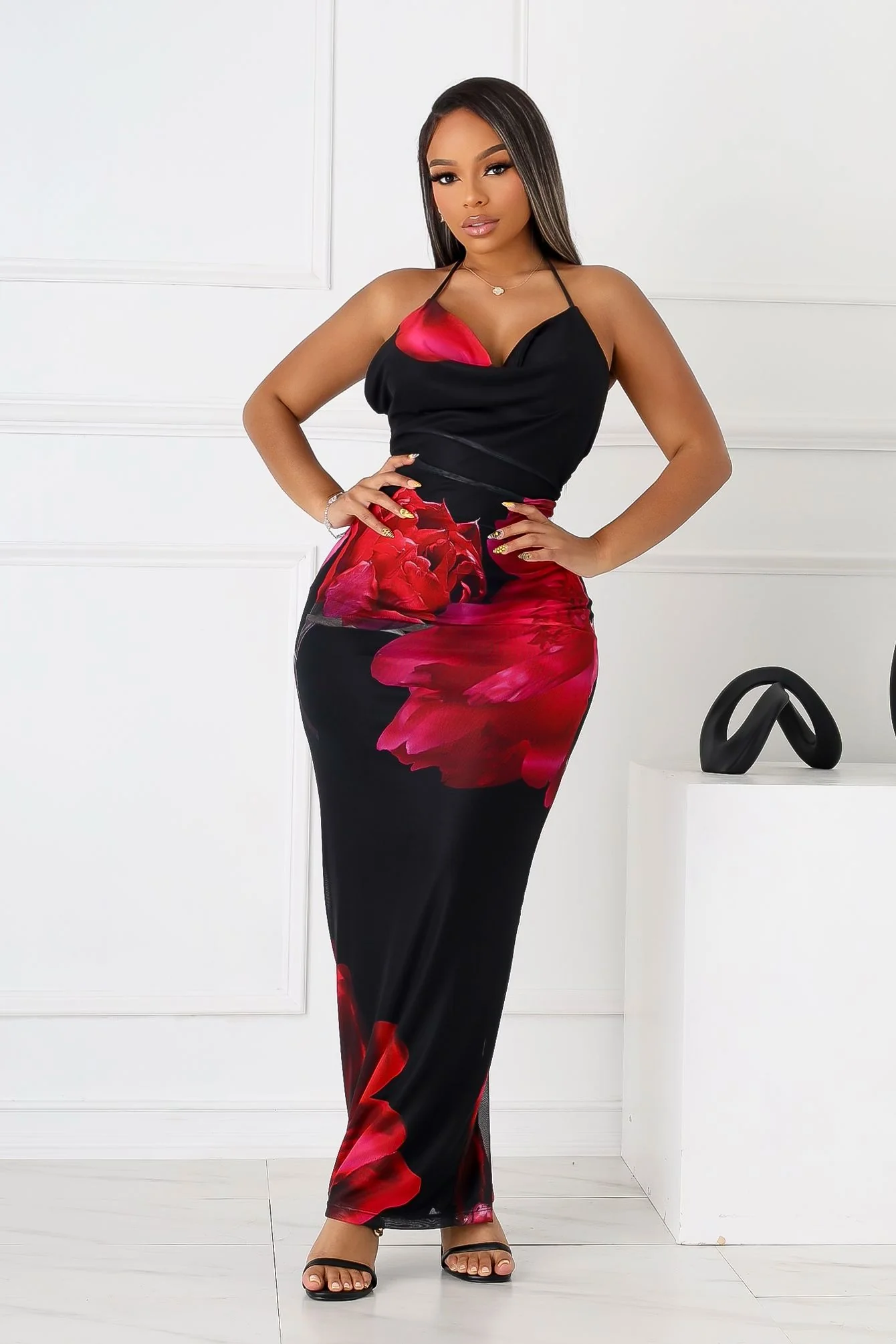 Samba Petal Mesh Print Halter Maxi Dress