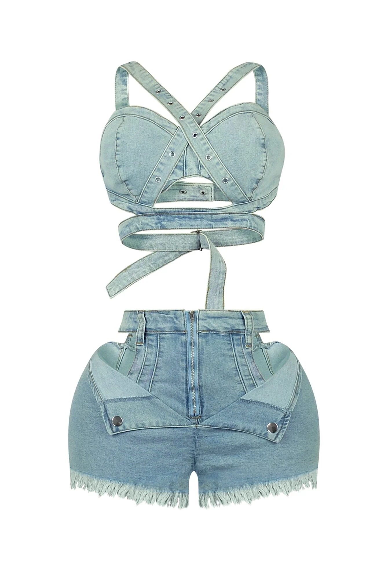 Stop Talking Denim Top & Cut Out Shorts SET - Image 4