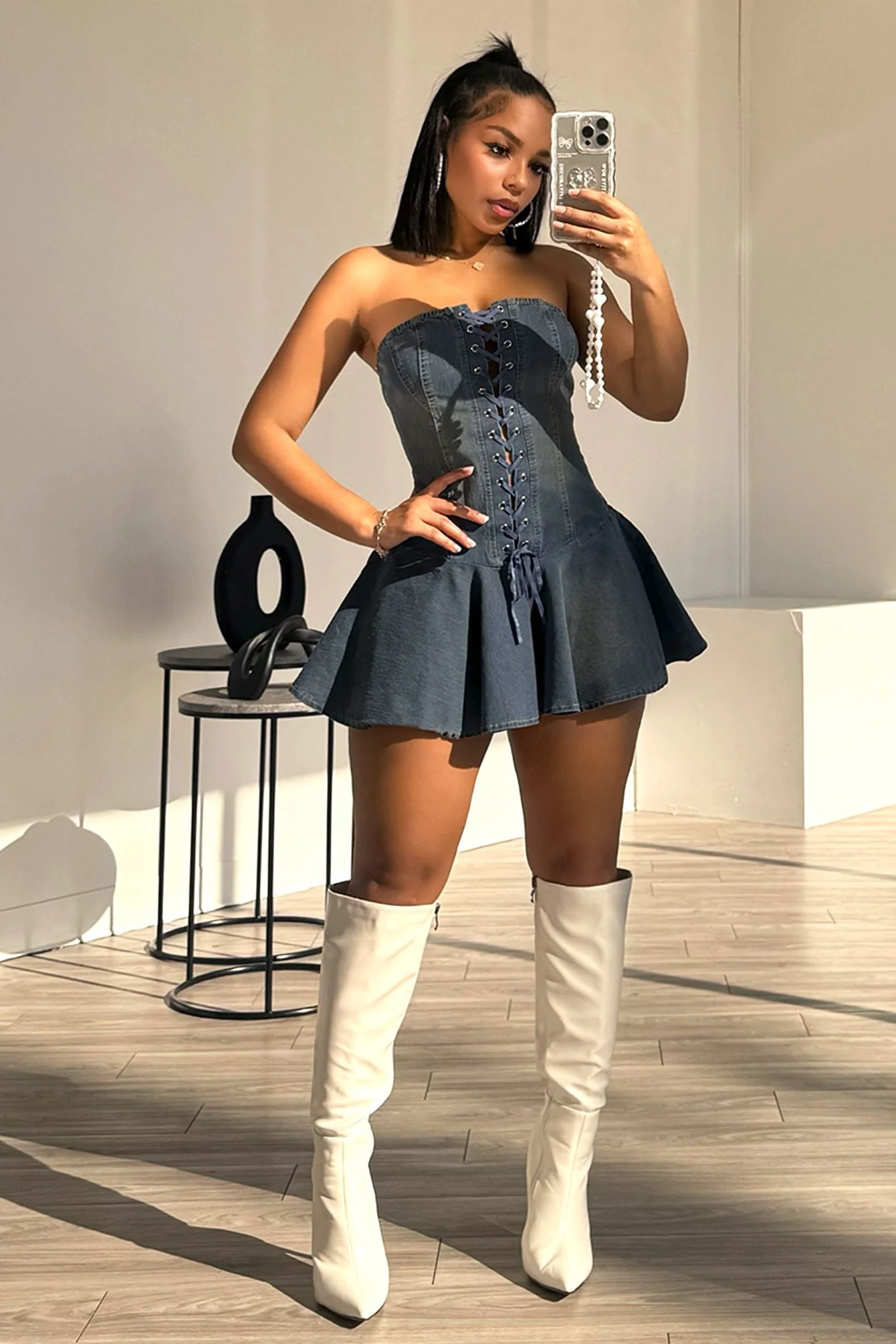 Sweet Denim Corset Flare Mini Dress - Image 2