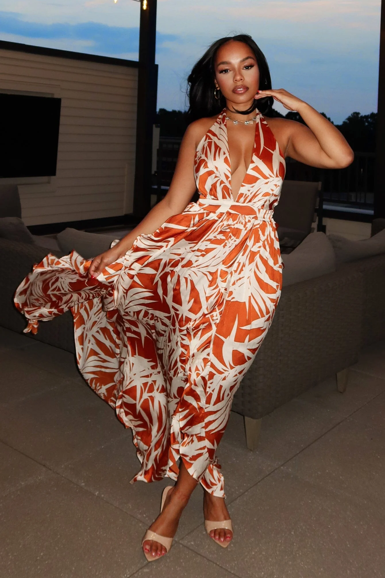 That Summer Satin Print Halter Ruffle Maxi Dress - Image 2