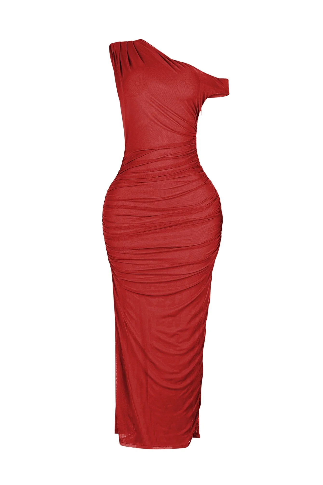 Theia Asymmetrical Ruched Mesh Dress - Image 5