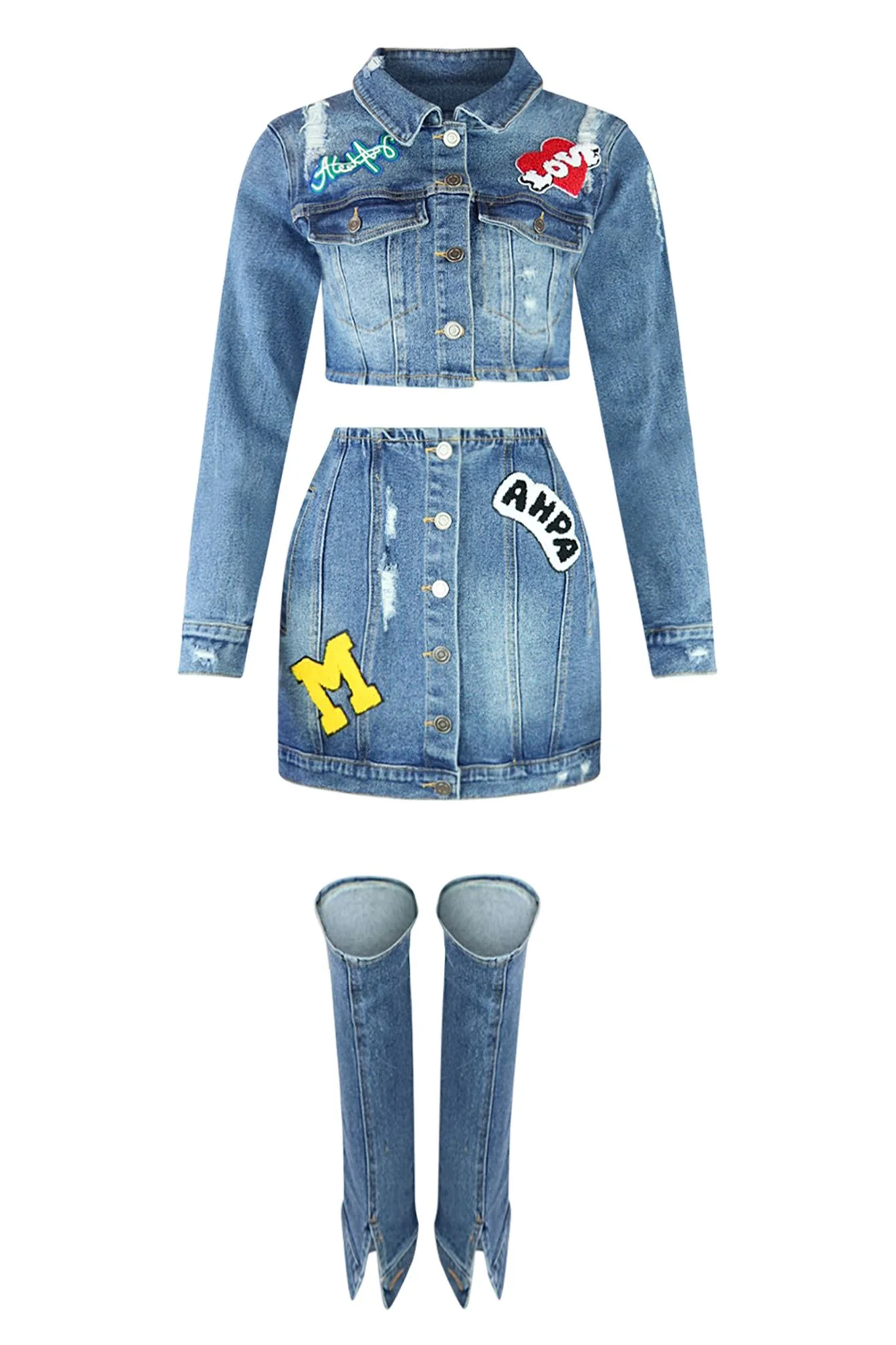 Whatever Patch Denim Jacket & Skirt Leg Warmers SET - Image 3